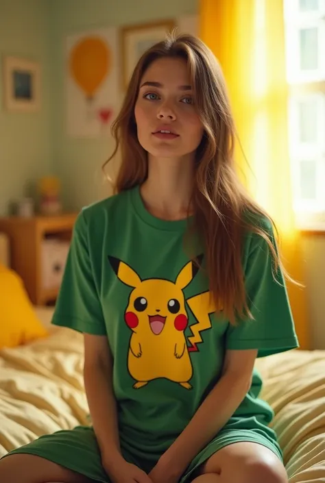 

A captivating upscaled   woman sitting in the bed. She must a wear green "" t-shirt with yellow picachu 3d imprinted, brown straight stylish hair, Green  PAJAMA. The background is a bright room with POCACHU theme. 8K, real photo, ultra HD, SLR camera.

