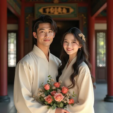 young handsome asian man in his traditional attire, with his beautiful wife, smiling, in the temple , Long Hair, Depth Of Field, looking at viewer 