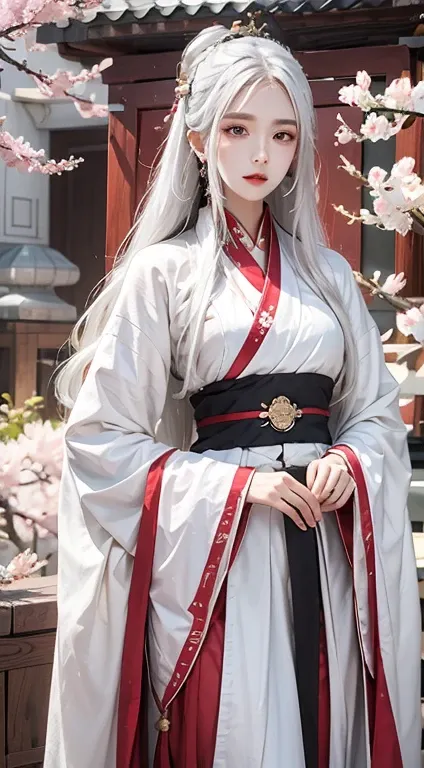 high resolution, 1 female, solitary, shiny skin, jewelry, above the waist, white hair, hanfu, taoist robe, cherry blossoms