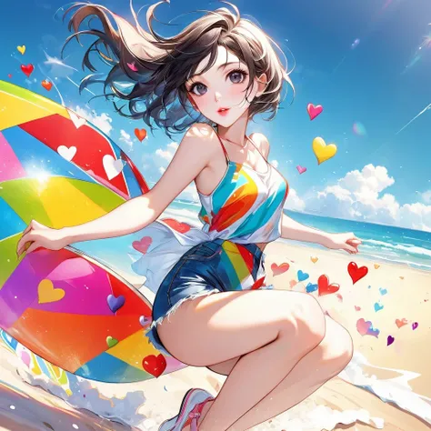 Ultra-realism Mika Pikazo colorful style, Simple Line Initialism，Abstract art，(((The most beautiful girl of all time))), Sweet face. Lips in love, colorful hearts, stylish design, Summer beach fashion, Dark Eyes, (((Jump up)))