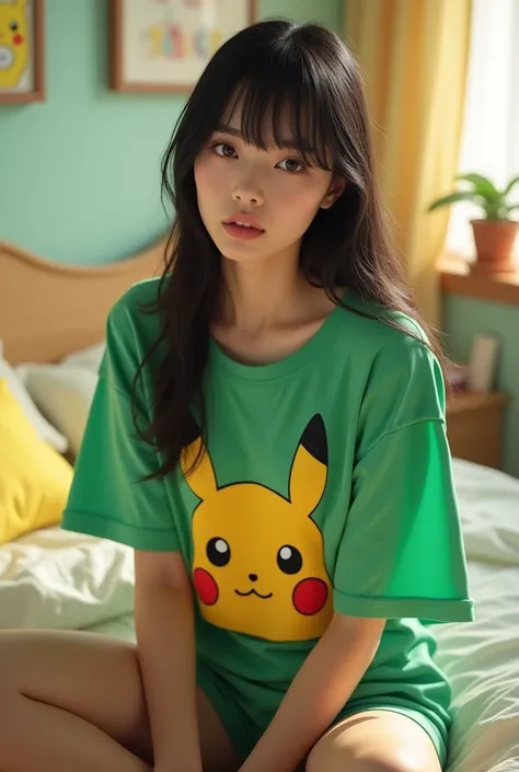 

A captivating upscaled  fleshly  woman sitting in the bed. She must a wear green "" t-shirt with yellow picachu 3d imprinted, black straight stylish hair, Green  PAJAMA. The background is a bright room with POCACHU theme. 8K, real photo, ultra HD, SLR ca...