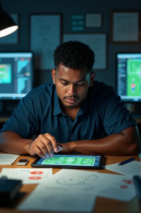 YOUNG CHUBBY LIGHT BLACK MAN WITH STRAIGHT HAIR ANALYZING A FOOTBALL GAME TACTICALLY
