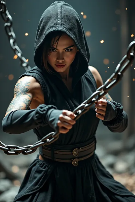 a female ninja kunoichi, intricate ninja techniques, chains flying from all directions, random chain motions, chains flying towards the camera, a sense of depth and distance, (best quality,4k,8k,highres,masterpiece:1.2),ultra-detailed,(realistic,photoreali...