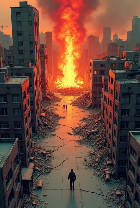 drawing manhwa, looking down at the city from the sky, the pavement cracked, flames cracked, pillars of fire appeared, buildings cracked and fell down