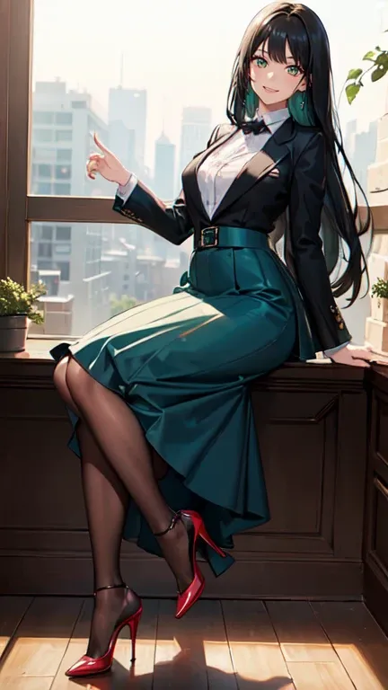 ((masterpiece, high resolution, better quality, better details)), ((Smiling)), ((one girl)) a girl sitting in the office, full body, maxi green skirt, blouse,((louboutin high heels)), green eyes , ((black hair, long hair)), shiny skin, ((behind view)), sol...