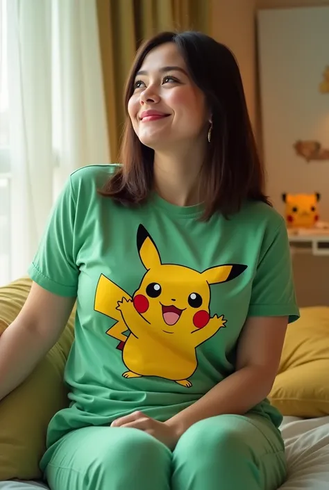 

A captivating upscaled  a little bit chubbby woman sitting in the bed. She must a wear green "" t-shirt with yellow picachu 3d imprinted, black straight stylish hair, Green  PAJAMA. The background is a bright room with POCACHU theme. 8K, real photo, ultr...