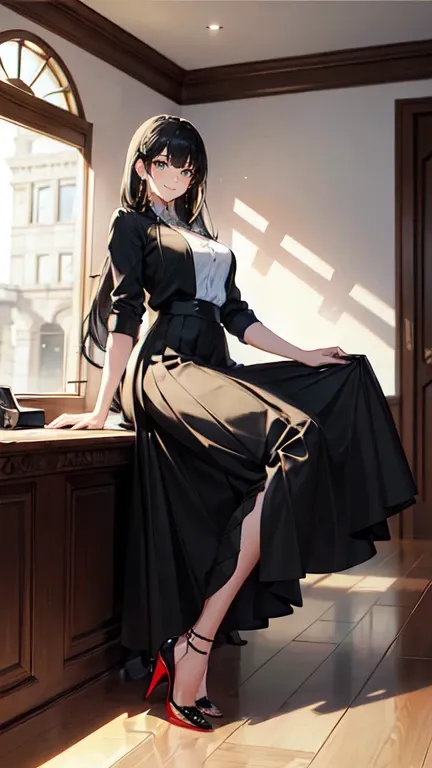 ((masterpiece, high resolution, better quality, better details)), ((Smiling)), ((one girl)) a girl sitting in the office, full body, maxi green skirt, blouse,((louboutin high heels)), green eyes , ((black hair, long hair)), shiny skin, ((behind view)), sol...