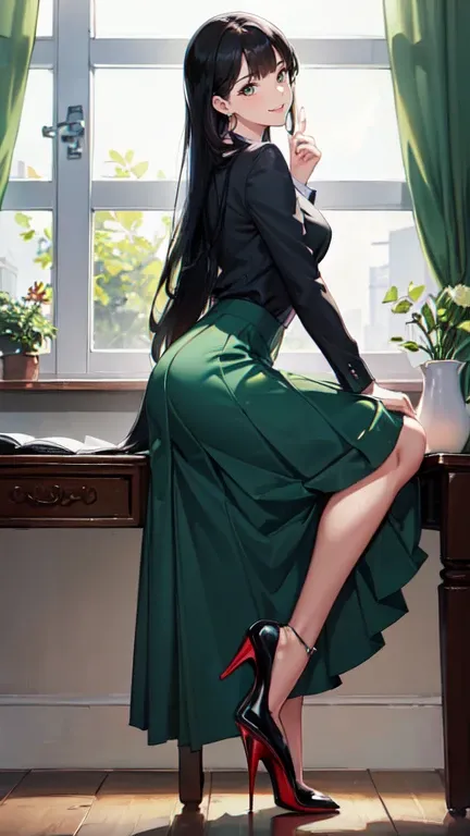 ((masterpiece, high resolution, better quality, better details)), ((Smiling)), ((one girl)) a girl sitting in the office, full body, maxi green skirt, blouse,((louboutin high heels)), green eyes , ((black hair, long hair)), shiny skin, ((behind view)), sol...