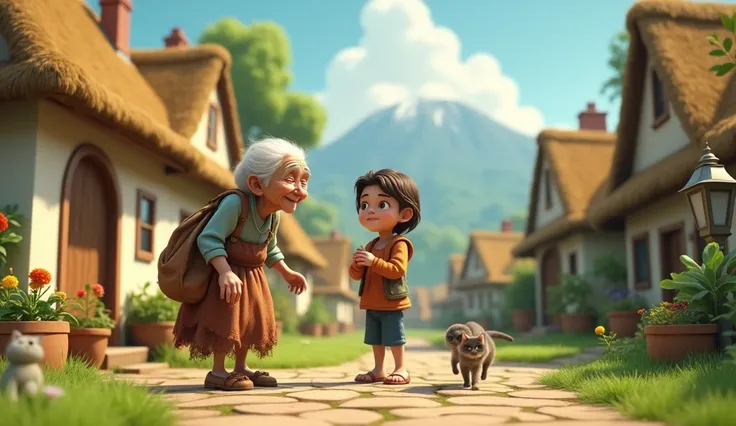 He encounters an old, tired woman outside the village who seems in need of help. 3D cartoon style 