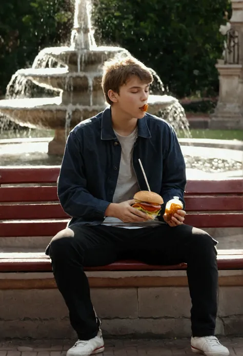 A young guy eats a burger and drinks cola while sitting on a bench near a fountain