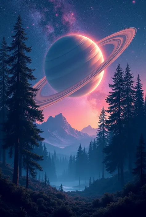 Aesthetic night forest photo with colourful stars and large saturn planet covering the sky