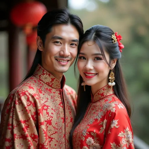 young handsome asian man in his traditional attire, with his beautiful wife, smiling , Long Hair, Depth Of Field, looking at viewer 