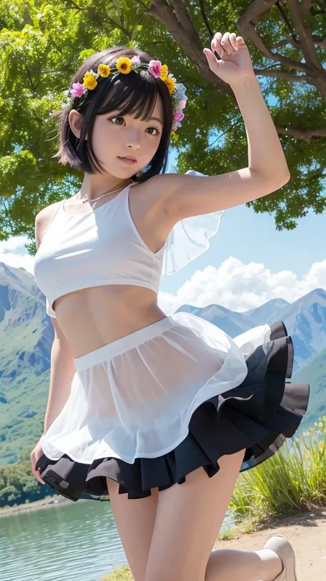 Hilarious, Mid Jump, Short black hair, Colorful layered skirt, sheer white top, Flower Crown, Fairy Wings, Standing on one leg, Raise your arms, Looking at the hand, Smooth Skin, Outdoor Lakeside, Clear blue sky, White cloud, Bright sunlight, Natural light...