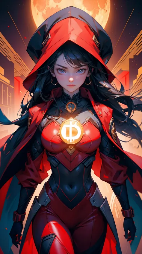 Picture a richly detailed scene in a vibrant, crimson-hued command center, dominated by a charismatic female leader exuding authority and confidence. She is impeccably dressed in a sleek, red suit, standing assertively at the forefront. Behind her, an arra...