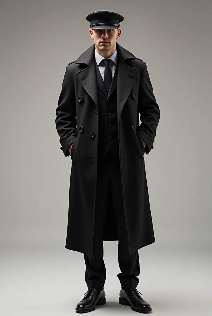 Man with a long coat and a cap and formal trousers, black formal shoes