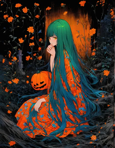 （Long straight hair with green hair accessories, Wearing a bright orange dress with blue floral print, Sit in a thoughtful pose with your hands under your chin, Against a pitch black background、, The costumes are illuminated with dramatic lighting effects ...