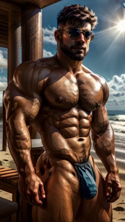 From front view, outdoor, on beach, Handsome Indian 30 years old beared standing near sea weared sunglasses and boxers huge bulge with sunny day, stunning visual, profile image, in style of ultra realistic, standing close-up on spread legs, detailed style,...