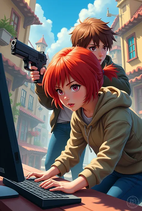 A red-haired girl with a computer and a brown-haired boy with a gun in the middle of a colorful town 