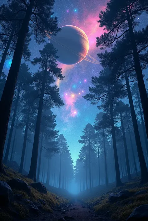 Aesthetic and realistic night forest photo with colourful stars and large saturn planet covering the sky