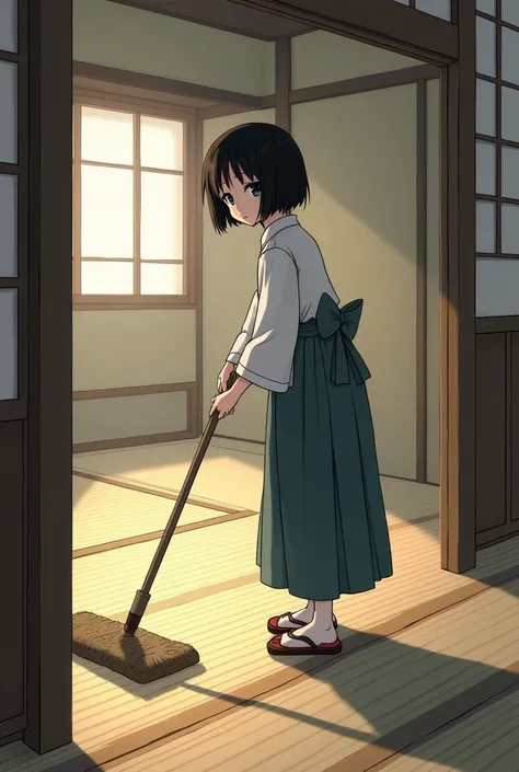 A young girl with a bob haircut mopping the floor　Japan　Edo Period