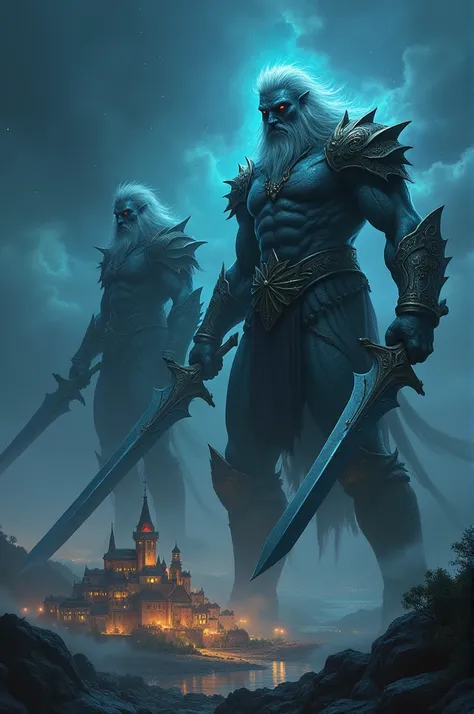 Masterpiece,8k,HDR,Two huge magical giants,sword ,standing ,night, small city