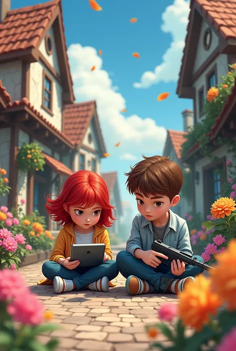 A red-haired girl with a computer and a brown-haired boy with a gun in the middle of a flowery town . 