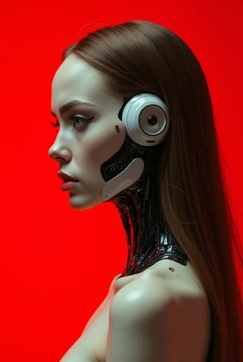 A beautiful ((evil slavic woman)), pale skin, long light brown hair, with robotic features as a closeup shot of the face and neck, with circuitry on her skin, clean lines, minimal details, cyberpunk, portrayed in profile with a red background, futuristic d...