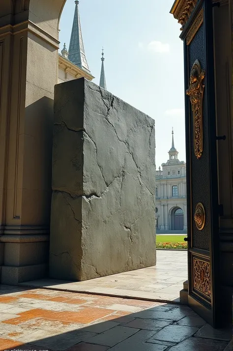 A large, heavy stone block is placed near the entrance of the palace gate, blocking the way.