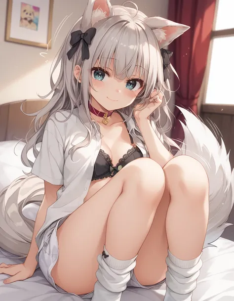 Images for all ages、（Highest quality、Super detailed、（Beautiful anime-style images、）、Light Effects、Three-dimensional:1.5）、(Shiny grey hair、white dog ears、White dog tail、long messy hair、White hairy beastman、Small droopy eyes and black pupils、Overall sparkle、...