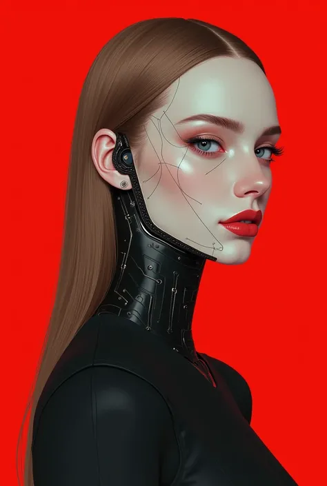 A beautiful ((evil slavic woman)), pale skin, long light brown hair, with robotic features as a closeup shot of the face and neck, with circuitry on her skin, clean lines, minimal details, cyberpunk, portrayed with a red background, futuristic design, in a...