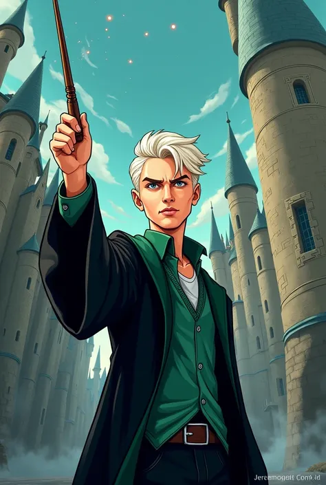 Draco Malfoy looks up and holds his wand up, in a cartoonish drawn style 