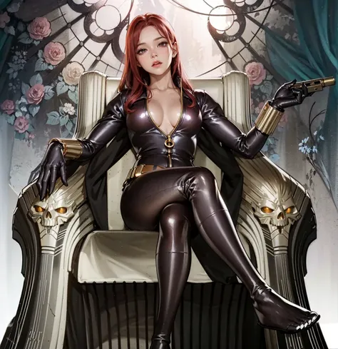 A digitally illustrated image shows a shoulder-length red-haired girl wearing a sleek skin-tight shiny black latex bodysuit with a deep-cut zipper neckline revealing a large chest, the silver zipper running down the front. The suit is complemented by her g...