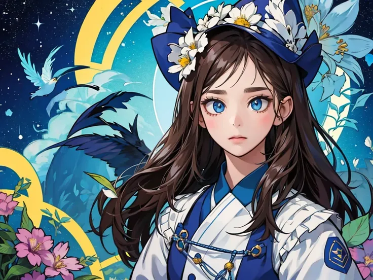 1 young girl, black long hair, cute face, big eye, cute eyebrow, starry blue eye, perfect face, closed-up, brown color witchs lobe, herbs and flowers, detailed face, 서양 중세풍, 사실적인 배경 묘사, 유리 온실, 스토리텔링