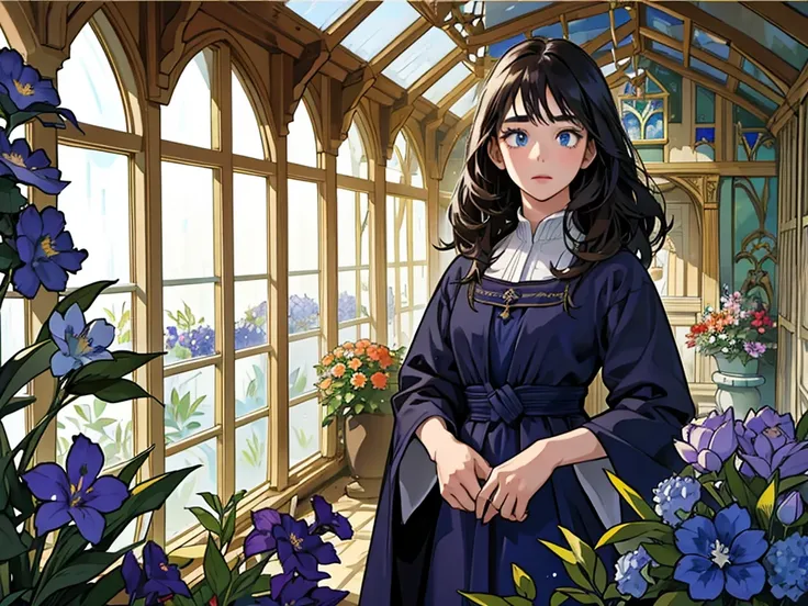 1 young girl, black long hair, cute face, big eye, cute eyebrow, starry blue eye, perfect face, closed-up, Brown Witch Robe Dress, herbs and flowers, detailed face, Western medieval style, Realistic background description, Glass greenhouse, storytelling