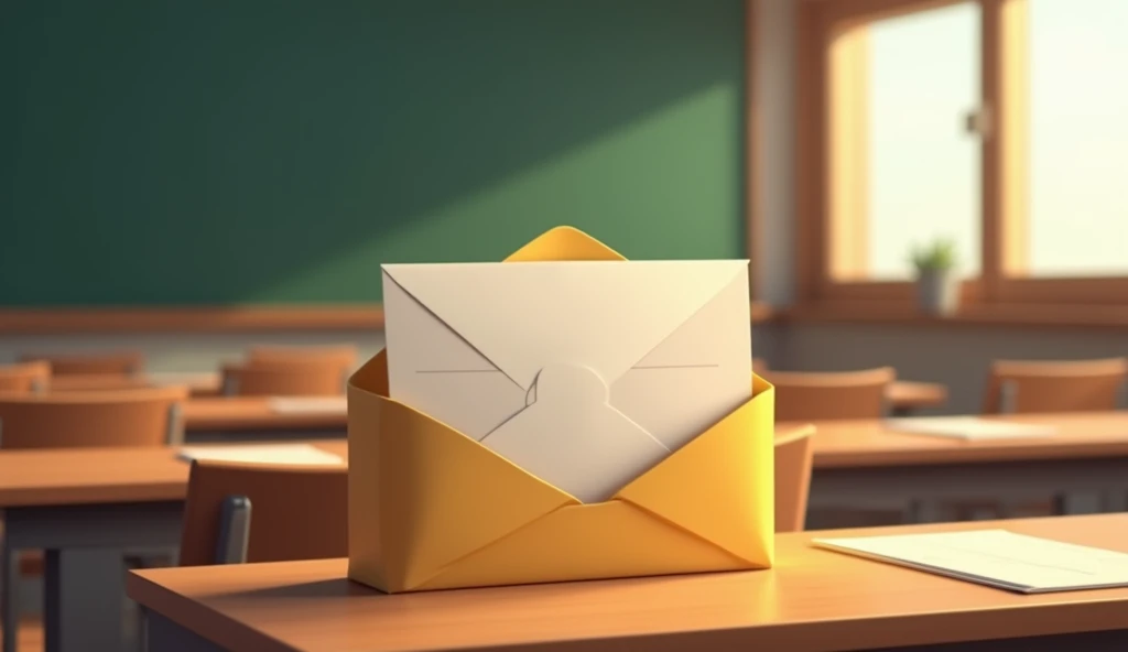 In a university classroom show students sitting in the class and in there desk kept sealed envelope in animation style 