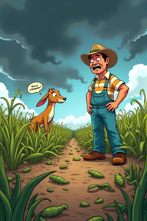 Create a cartoon image showing a distressed farmer standing in a field where crops are clearly destroyed. The field should be filled with wilting, broken, or eaten crops. Include dark, heavy storm clouds in the sky to suggest bad weather. To add a touch of...