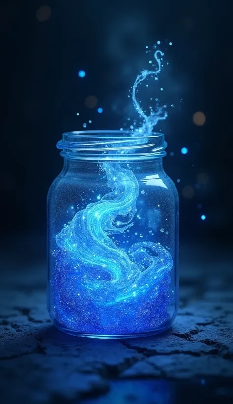 Picture a small, transparent jar filled with deep, midnight blue liquid that glows with a mystical light. The liquid swirls with a dynamic energy, casting an enchanting radiance across the dark background. Tiny, shimmering droplets float around the jar lik...