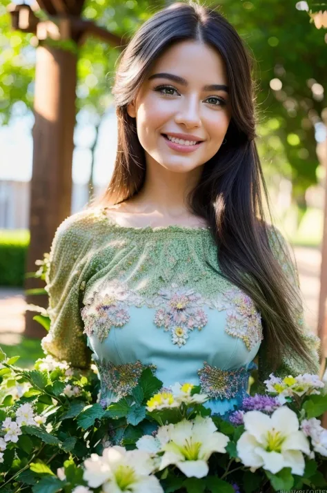 A happy Argentinian woman with a warm smile, beautiful detailed eyes, beautiful detailed lips, extremely detailed eyes and face, long eyelashes, smiling happily, floral dress, in a beautiful garden, lush violet foliage, sunlight filtering through the trees...