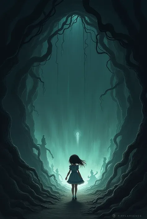 create an illustration from the story of alice down the rabbit hole but made it darker