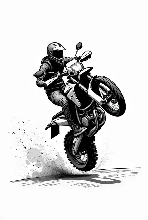 Man wearing motocross helmet riding yamaha tenere1200 adventure travel wheelie black and white cartoon illustration