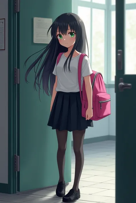 (Pretty girl with black hair green eyes White shirt Black skirt Black stockings Black shoes Pink backpack) in a school thinking 