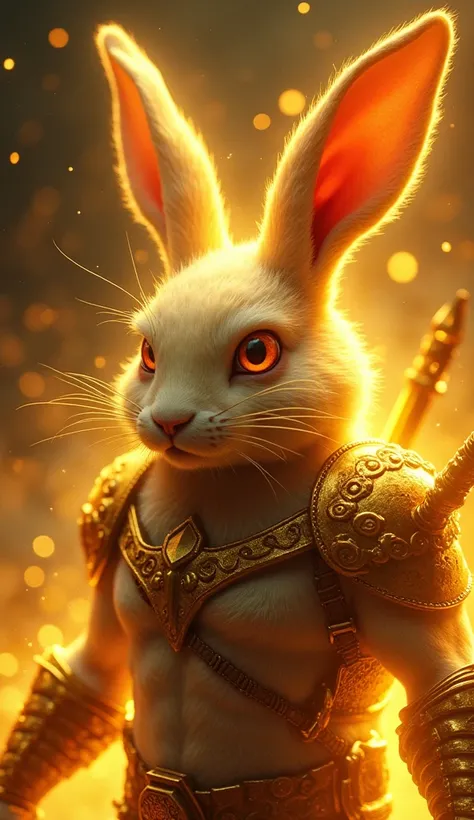 rabbit,Armed,arms,Fantastic fantasy,Glowing in gold,Golden glitter background,Moody Color,Close-up of face