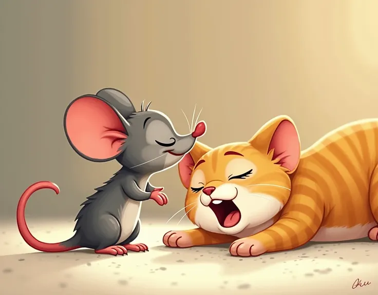 A clever little mouse whispers to a sleepy cat. The mouse looks sneaky, with a sly smile, while the cat is curled up in a cozy spot, yawning and stretching. The background is simple and warm, with soft colors, creating a playful and friendly atmosphere for...