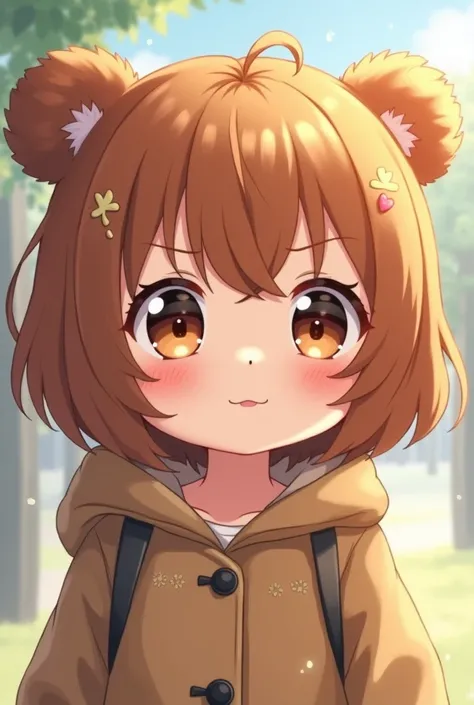 Cute bear girl with jacket clothe with big eyes and cute face.anime style close to camera 