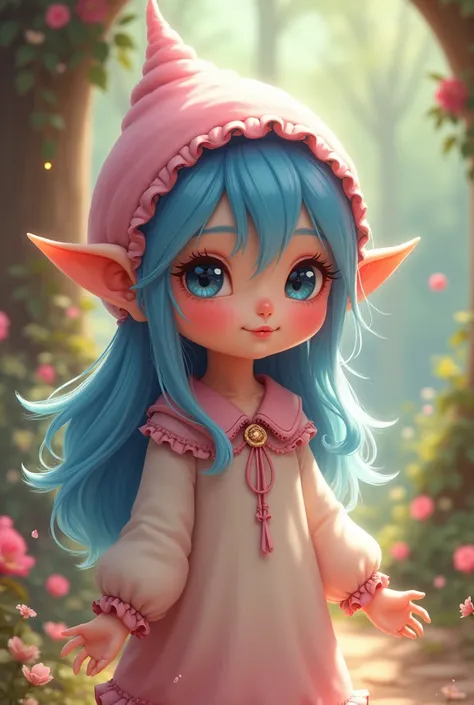 A lbaby elf girl dressed as a baby  with a pink hat  blue hair 