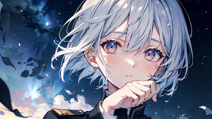 Gray Hair、Tears flow endlessly、Short Hair、Black military uniform、Side view、Upper body is shown、The face is coordinated、Starry sky and sea background、Detailed face and hands、Blank look、Handsome、Looking down and crying、Red Eyes、Tears are flowing from the eye...