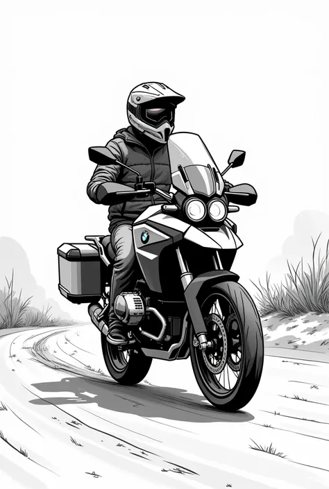 Man wearing a motocross helmet, riding a BMW R1300 GSA, 3 rear drums, adventure travel, black and white cartoon illustration