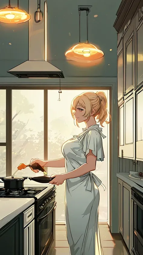 A beautiful woman is cooking in the kitchen, holding a pan and gracefully standing next to an electric stove with food on it. The scene captures her elegant movements as she wears casual attire, adding character details to create a lively atmosphere. This ...