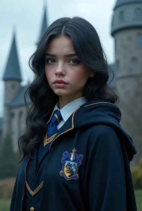 She has blue-grey eyes, long black hair semi attachés, her face shaped IS like a diamond ans she is wearing a Ravenclaw uniform 