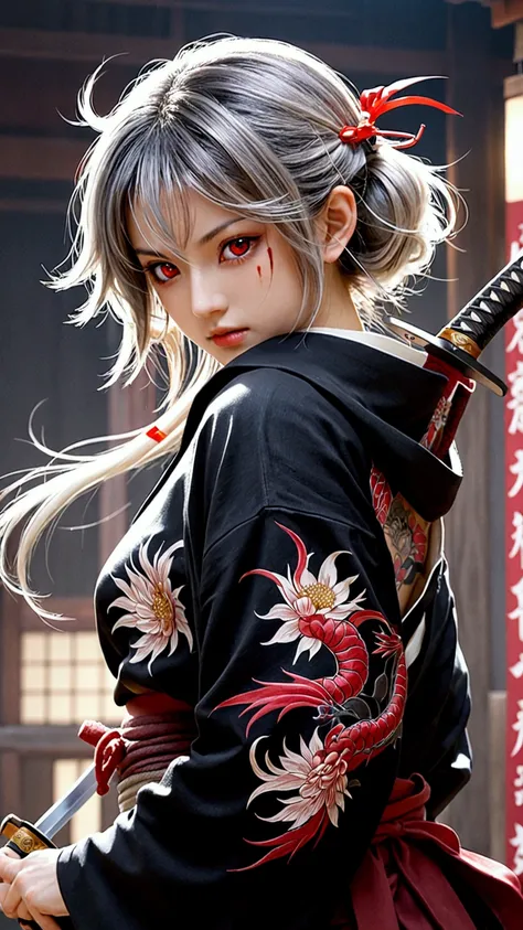 (Japanese sword &reference;Muramasa 2&reference;.2)One beautiful woman、Japanese swordを持った女性、armor、pocket、Warrior、Clear Eyes、Red Eye、{Arm tattoo、Warrior、Realistic battle scenes、敵Warriorの返りBlood、Blood、High resolution、Highest quality、Very detailed、8k、backgrou...